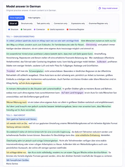 Model answer with highlights