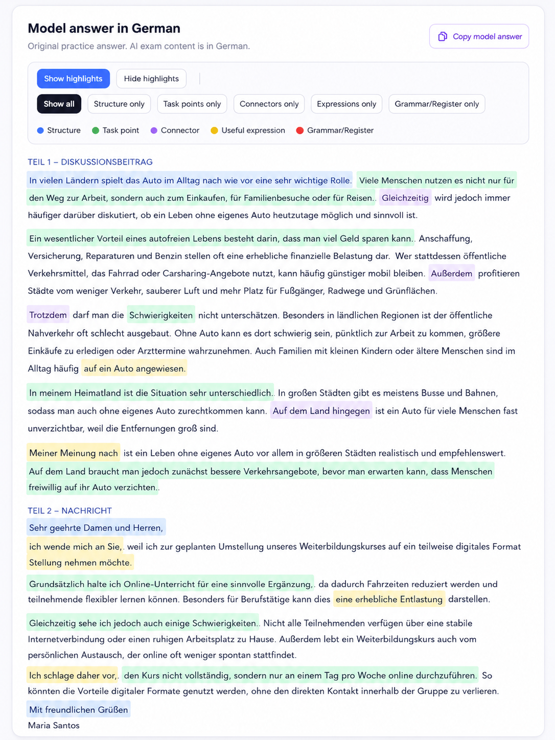Model answer with highlights